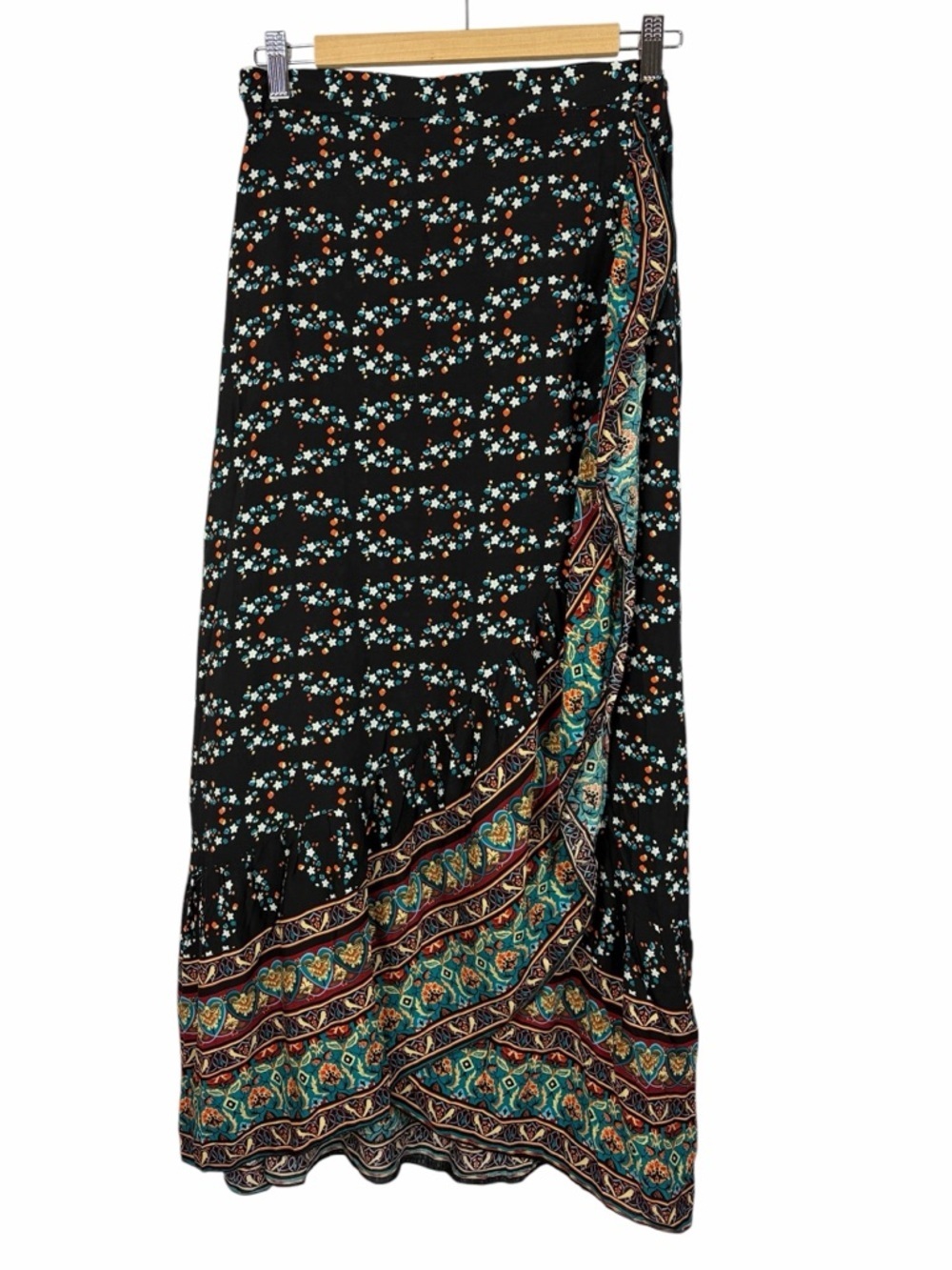 Suzanne Betro NWT Wrap Midi Skirt Boho Border Print Ruffle Hem Size Medium